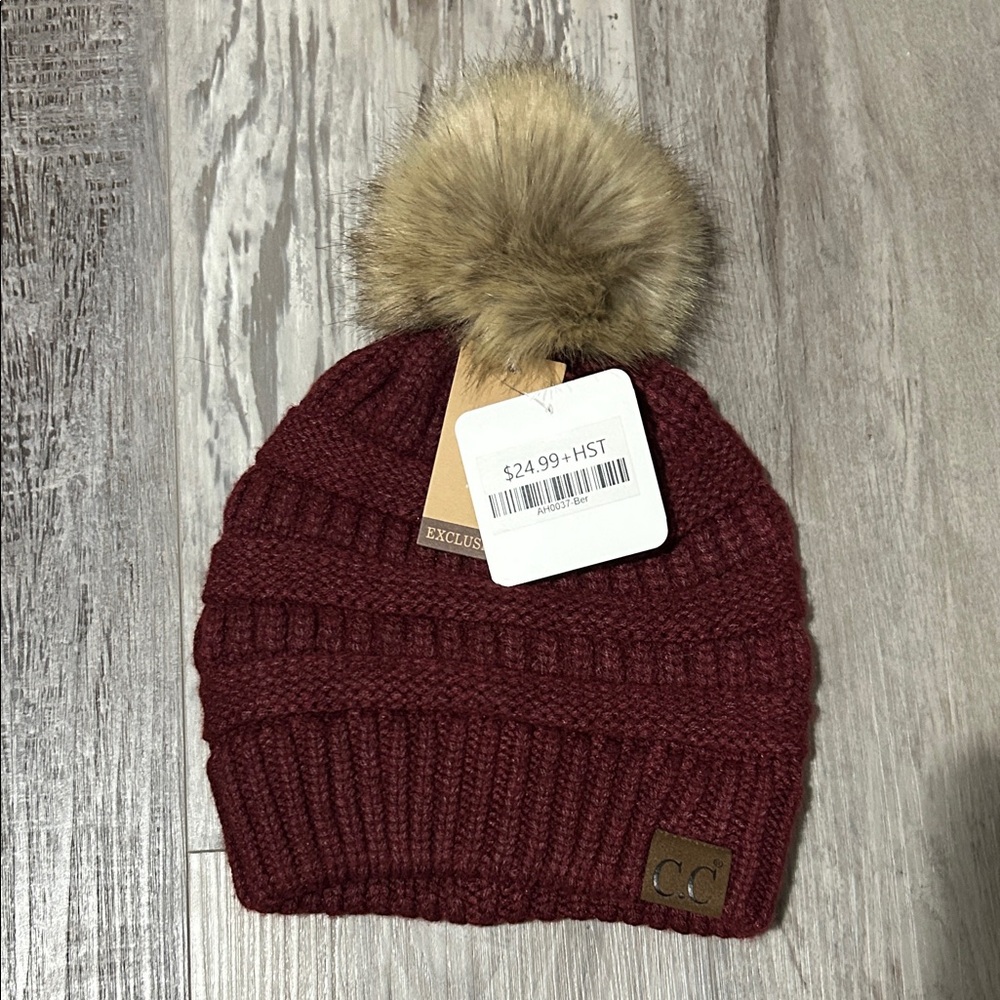 C.C Knit Beanie with Faux Fur Pom-Pom
